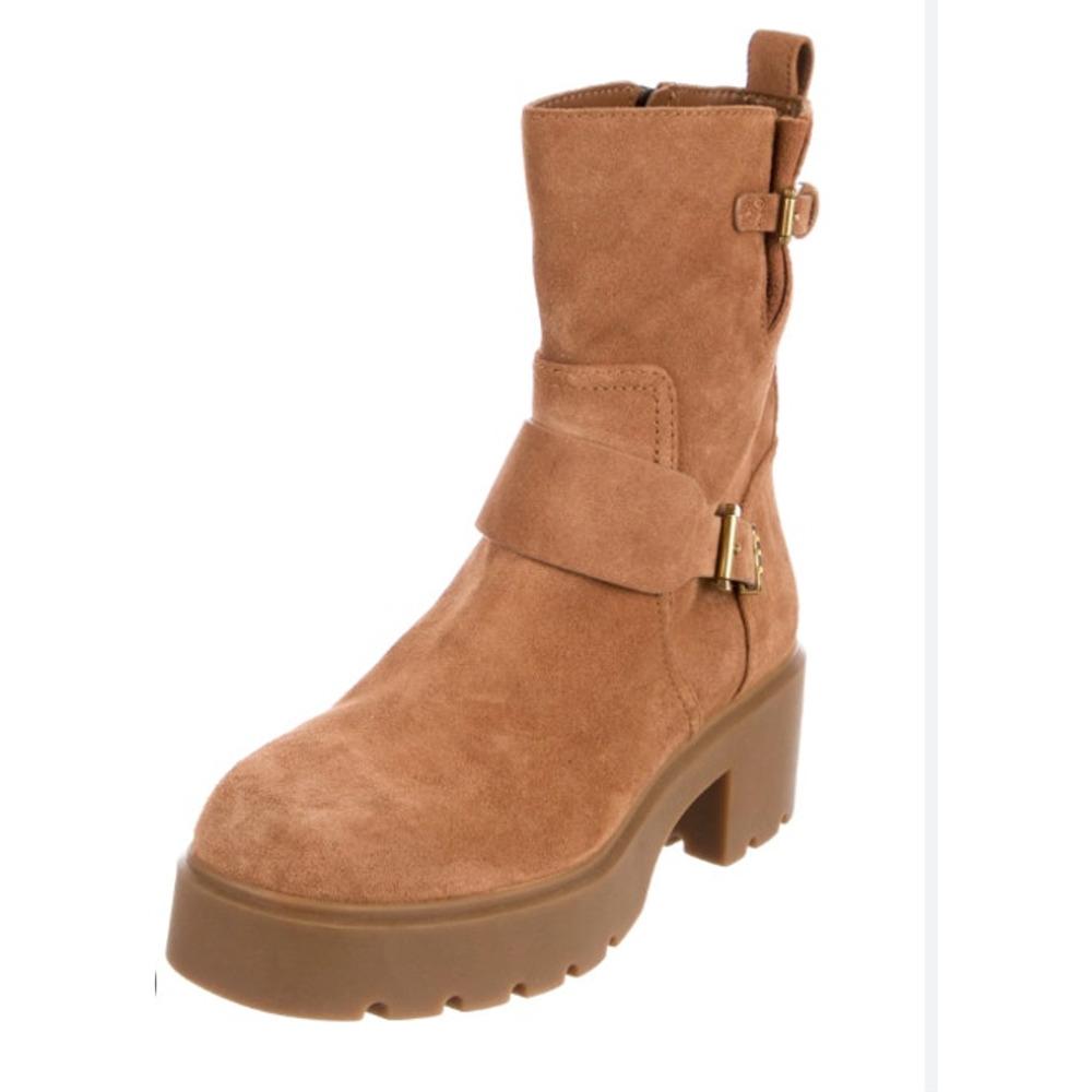 Michael Kors Perry Suede Moto Boots Luggage Camel Size 7 NWOB Chic Edgy Lug Sole